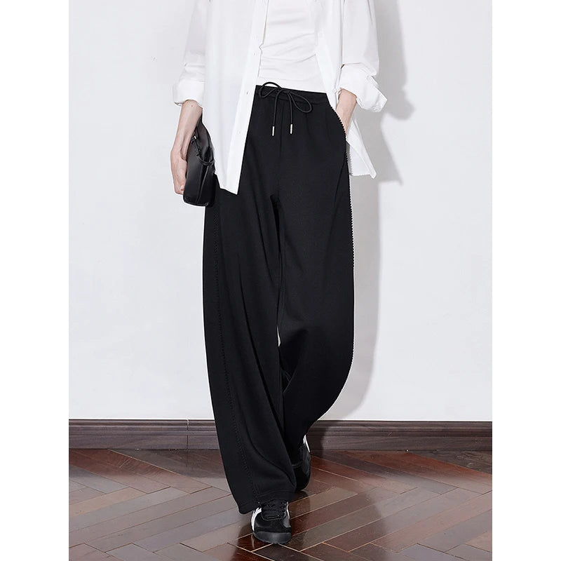 TOYOUTH Womens Casual Pants 2025 Spring New Splicing Elastic Waist Drawstring Straight Wide Leg Sports Banana Sweatpants