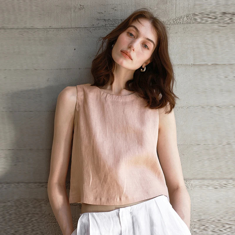 Chic Front And Back Two Wear Women Linen Tank Top 2025 Summer New Casual Short Loose 100% Linen Sleeveless Crop Tops