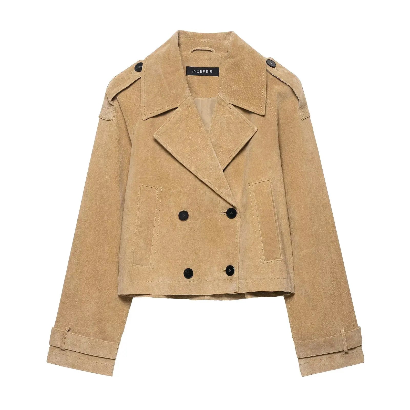 TRAFZA Autumn Woman Elegant Chic Lapel Long Sleeves High Street Coats Women Pocket Double-Breasted Design Casual Short Jacket