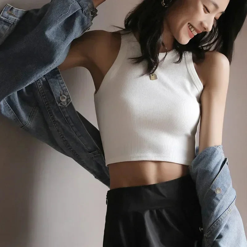 Women's High Stretch Sleeveless Screw Vest Knit Crop Top Women Knit Camisole Women Sweater Vest Cool Girl