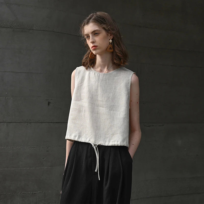 100% Linen Tank Top Women 2025 Summer Breathable Short Tops Sleeveless Casual Loose Cotton Linen Drawstring Crop Tops