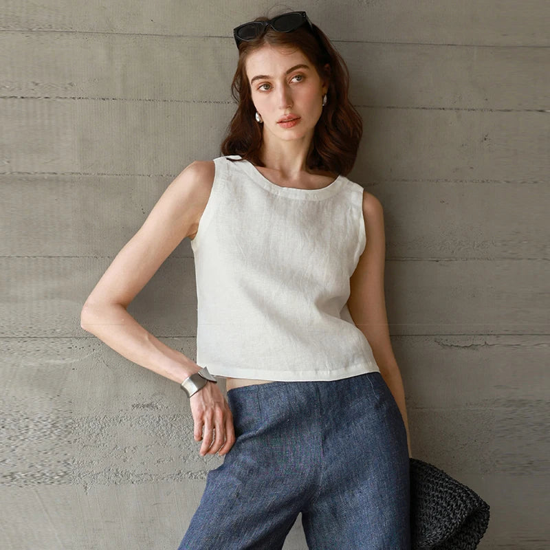 Chic Front And Back Two Wear Women Linen Tank Top 2025 Summer New Casual Short Loose 100% Linen Sleeveless Crop Tops
