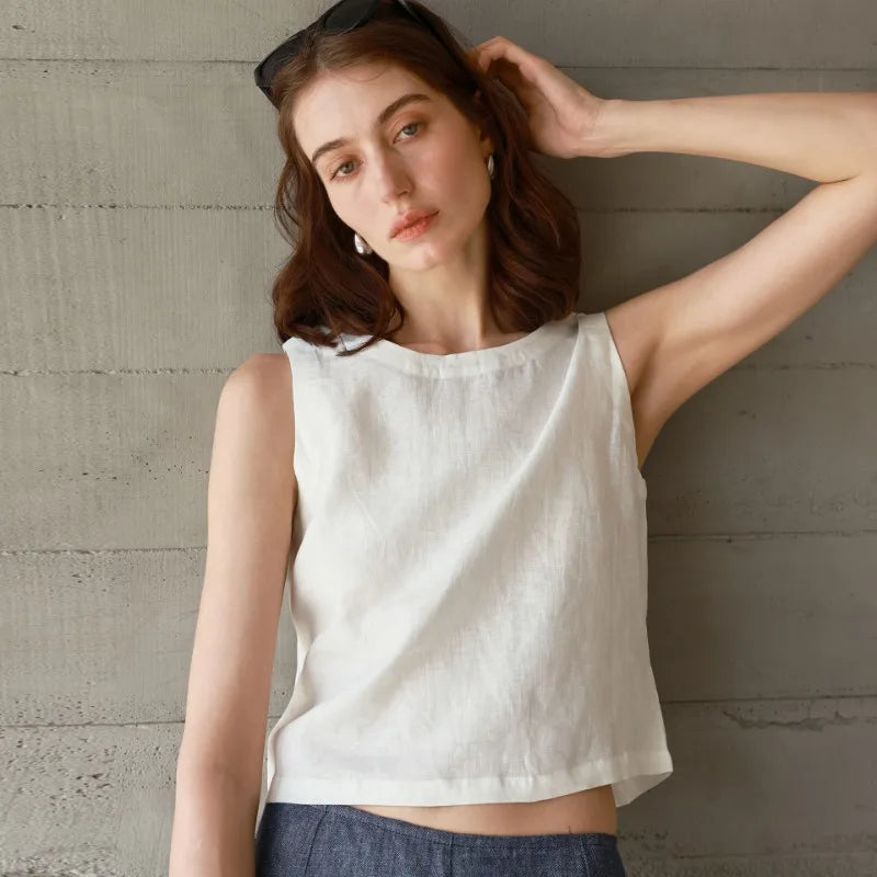 Chic Front And Back Two Wear Women Linen Tank Top 2025 Summer New Casual Short Loose 100% Linen Sleeveless Crop Tops