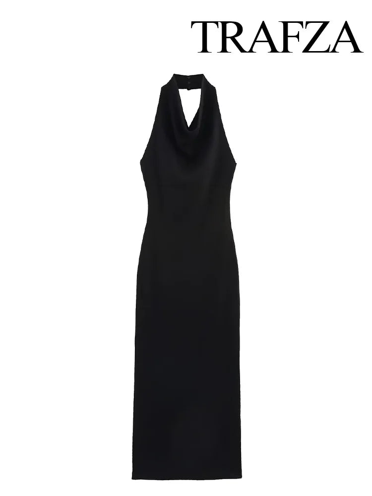 TRAFZA Summer Women's Dress Fashion Backless Sleeveless Hanging Neck Collar Solid Knitted Fashionable Female Midi Dress 2025