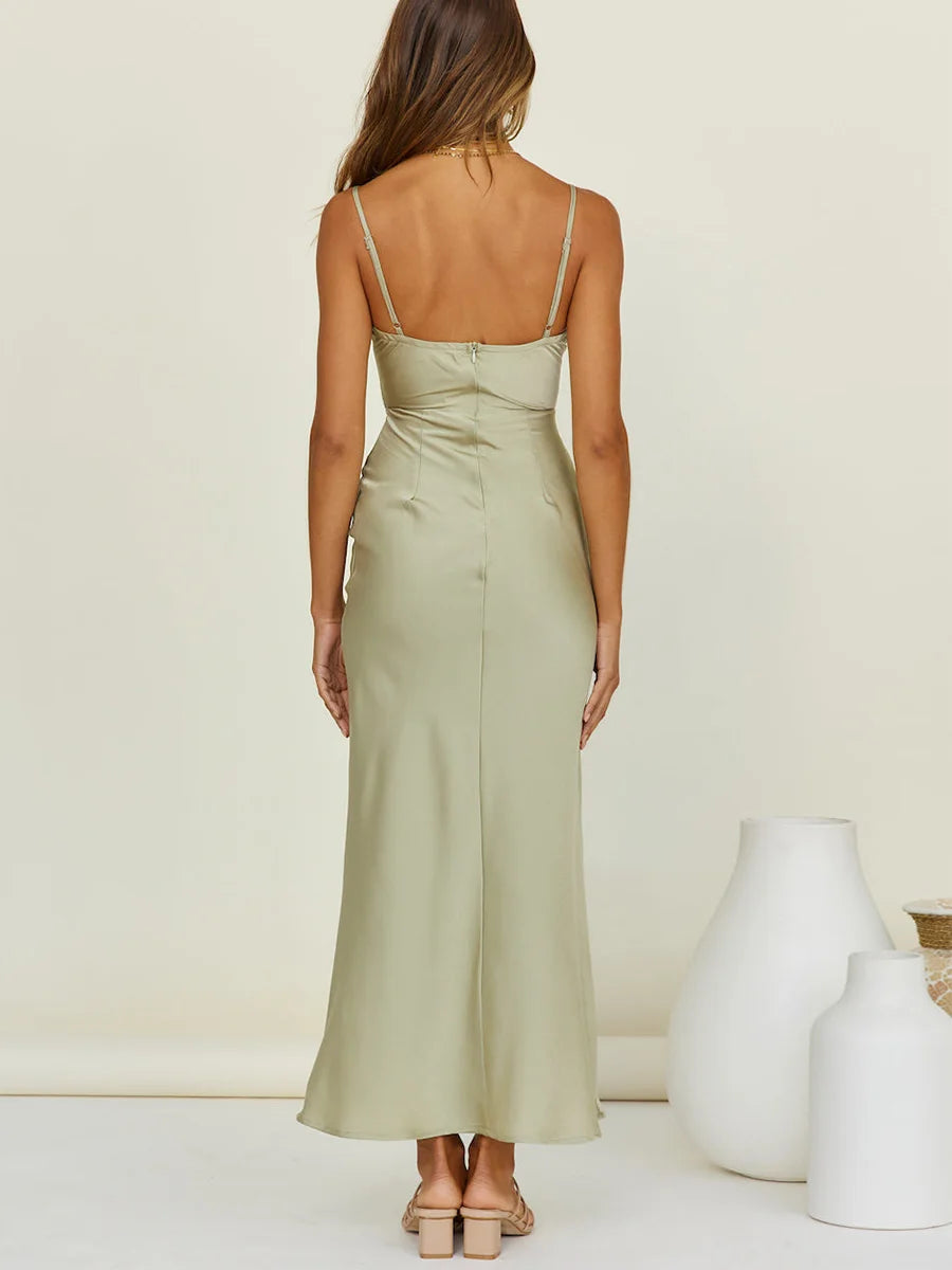 Party Evening Dresses Women Summer Spaghetti Strap Elegant Satin Midi Dress Cowl Neck Sleeveless Waist Cut Out Sexy Slip Dress