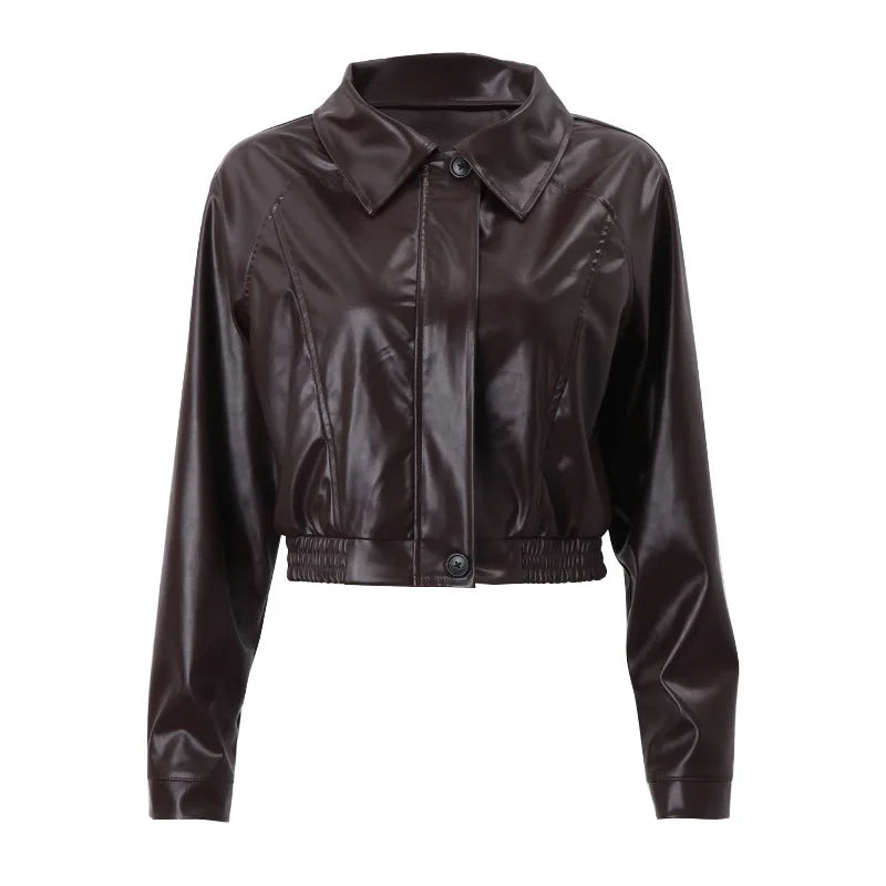 2025 Fashion Faux Leather Jacket Aesthetic Fashion Streetwear Turn-down Collar Coat Women Autumn Casual Simple Long Sleeve Coats