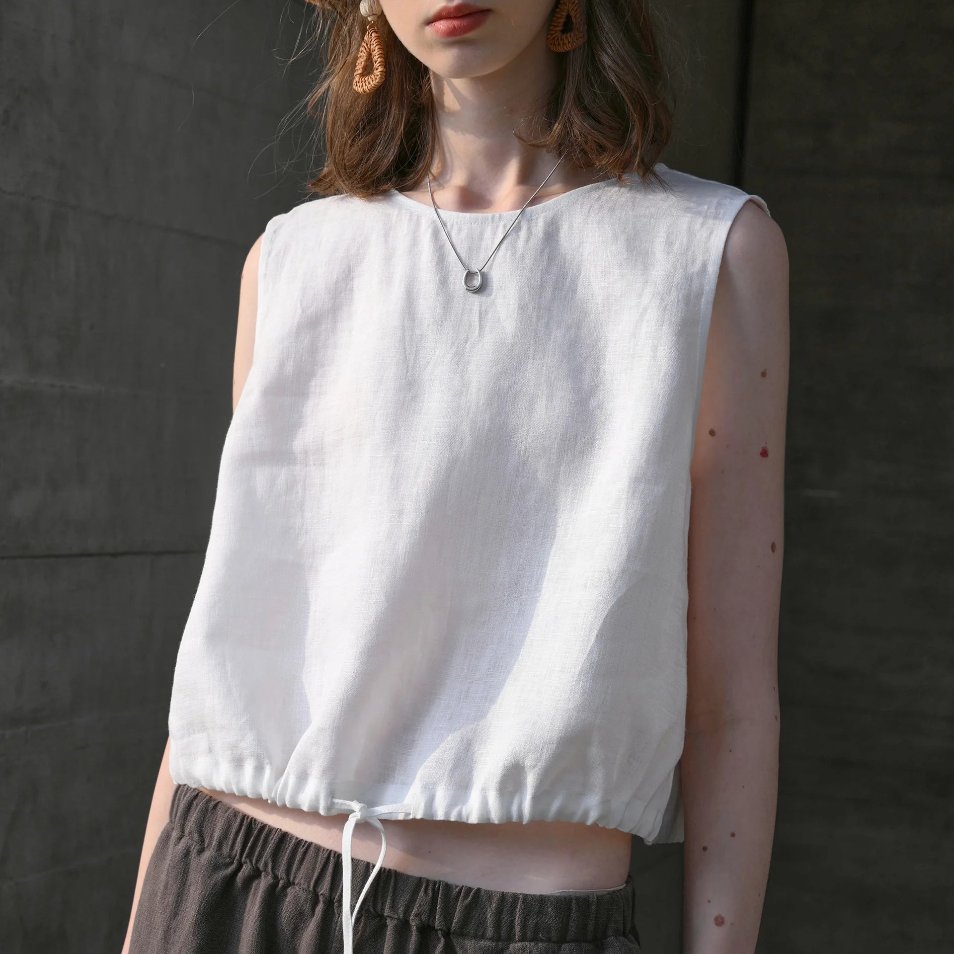 100% Linen Tank Top Women 2025 Summer Breathable Short Tops Sleeveless Casual Loose Cotton Linen Drawstring Crop Tops