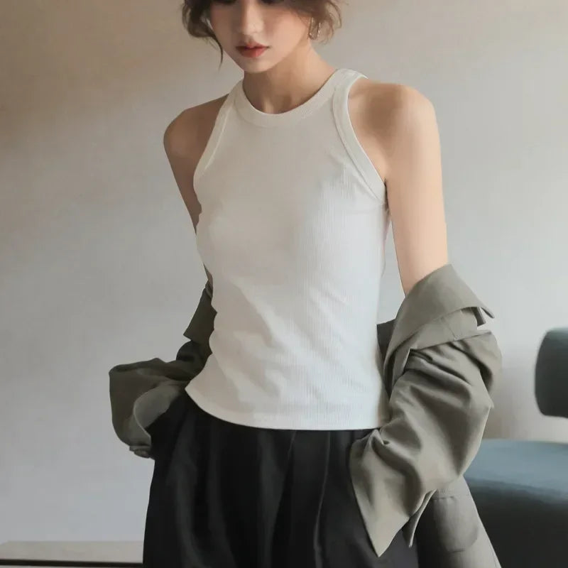 Women's High Stretch Sleeveless Screw Vest Knit Crop Top Women Knit Camisole Women Sweater Vest Cool Girl