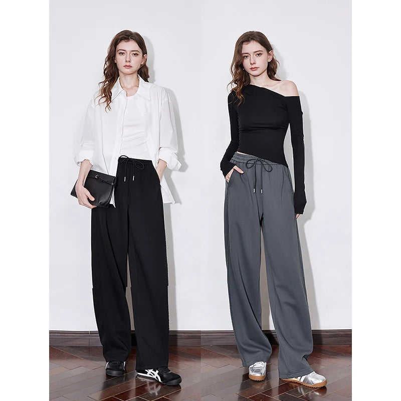 TOYOUTH Womens Casual Pants 2025 Spring New Splicing Elastic Waist Drawstring Straight Wide Leg Sports Banana Sweatpants