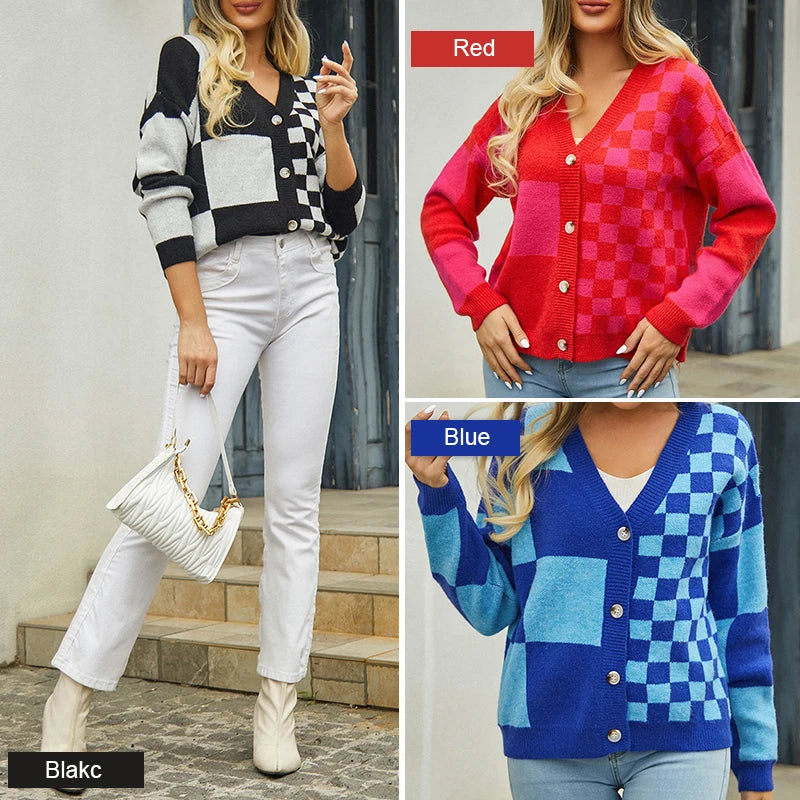 New Chic Autumn Women's Button Winter Cardigan Red V-neck Plaid Casual Knitted Coats Women Comfortable Checkered Pattern Jacket