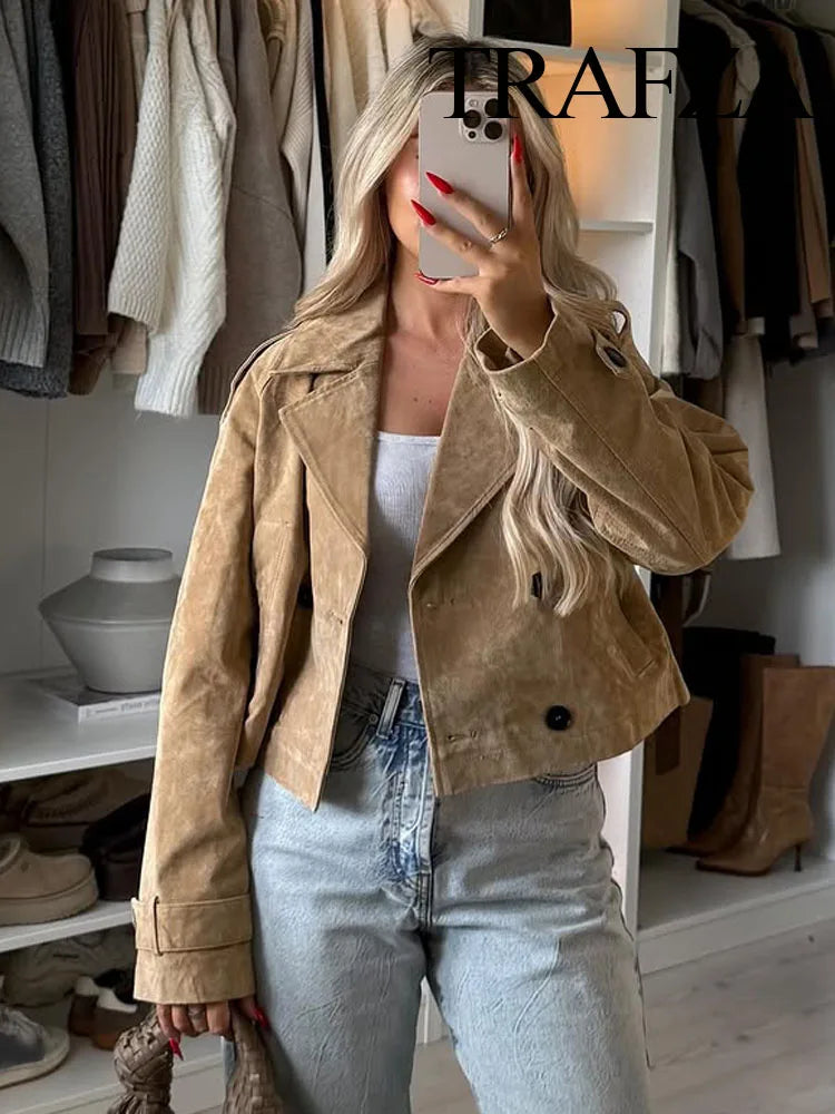 TRAFZA Autumn Woman Elegant Chic Lapel Long Sleeves High Street Coats Women Pocket Double-Breasted Design Casual Short Jacket