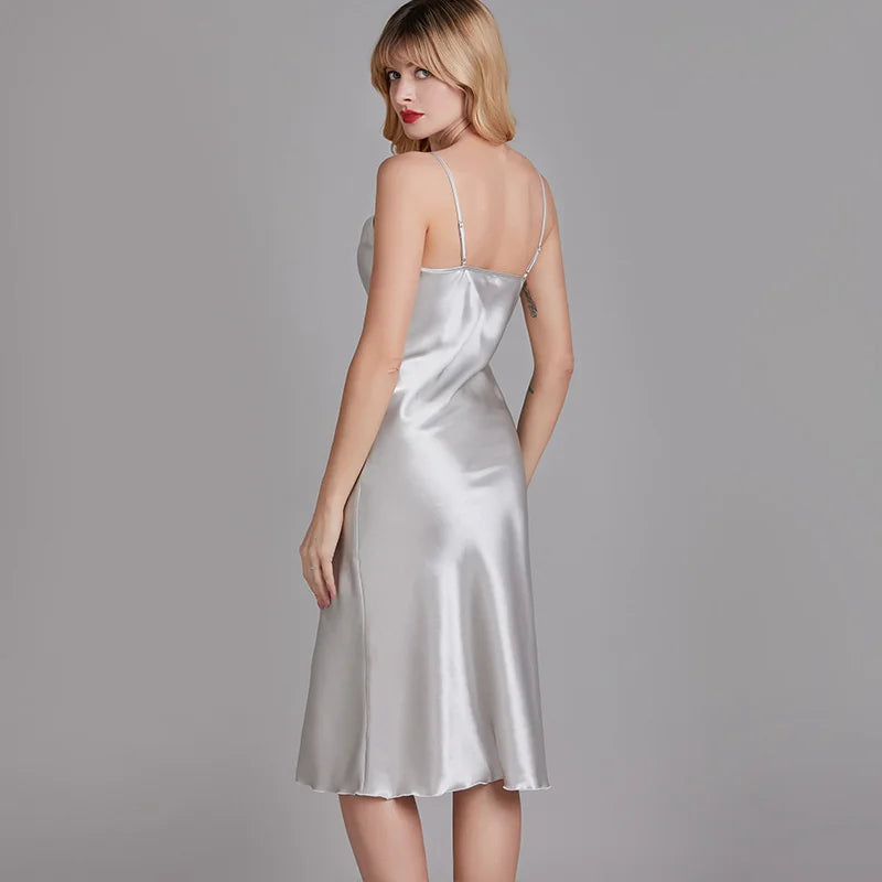 Spring Summer Ice Silk Satin Nightgowns for Women V-neck Elegant Solid Slim Fit Suspender Long Thin Nightdress