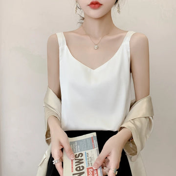 Silk Camisole Ladies Summer Suit Inside V-Neck Satin Bottoming Vest 2025 Thin Loose Sleeveless Sling Silk Tops Small Shirt Trend
