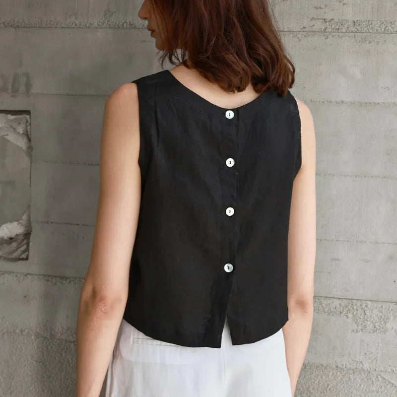 Chic Front And Back Two Wear Women Linen Tank Top 2025 Summer New Casual Short Loose 100% Linen Sleeveless Crop Tops