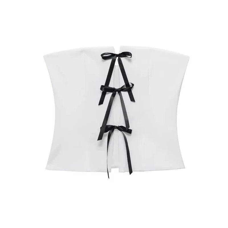 MUJER Off Shoulder Corset Top Woman Bow Ties Cut Out White Crop Top Women Sleeveless Backless Tube Tops Summer Sexy Short Tops