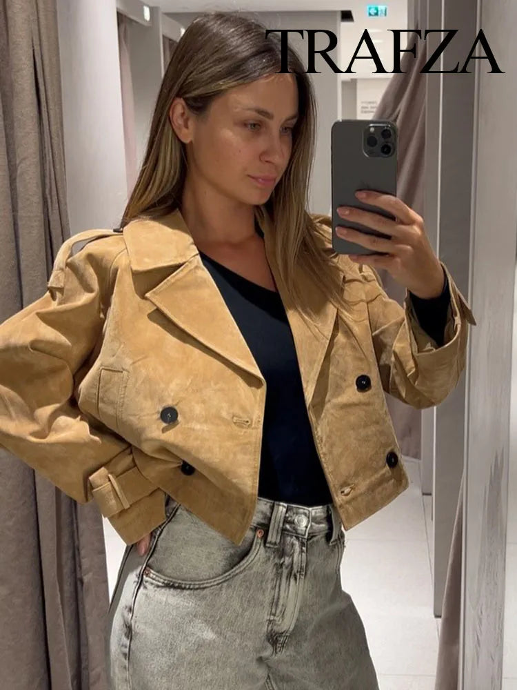 TRAFZA Autumn Woman Elegant Chic Lapel Long Sleeves High Street Coats Women Pocket Double-Breasted Design Casual Short Jacket