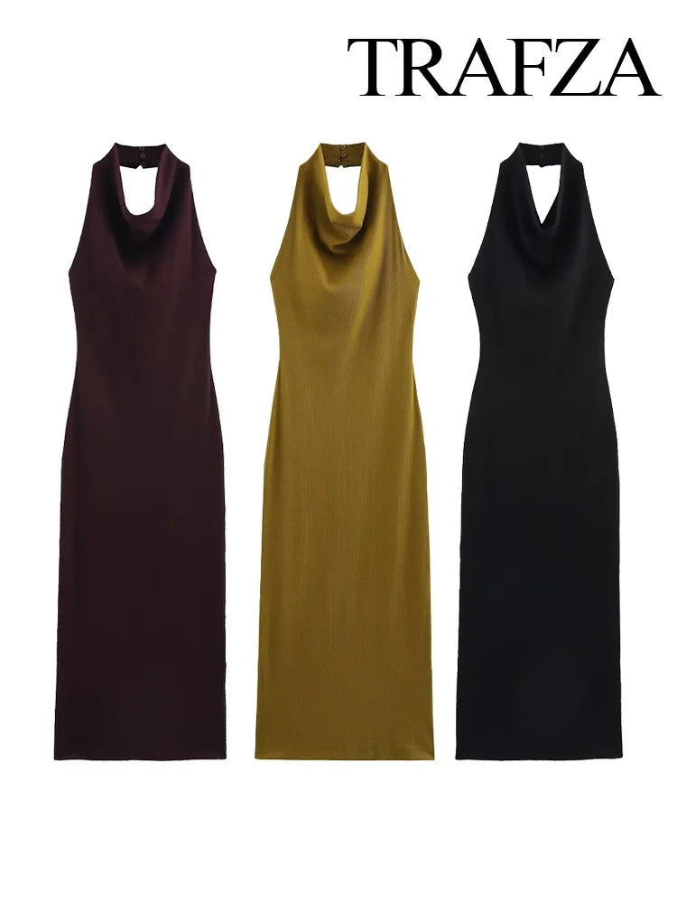 TRAFZA Summer Women's Dress Fashion Backless Sleeveless Hanging Neck Collar Solid Knitted Fashionable Female Midi Dress 2025