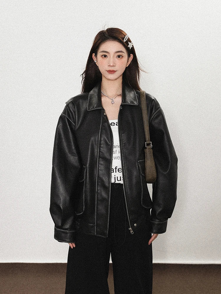 Vintage Brown PU Leather Jacket