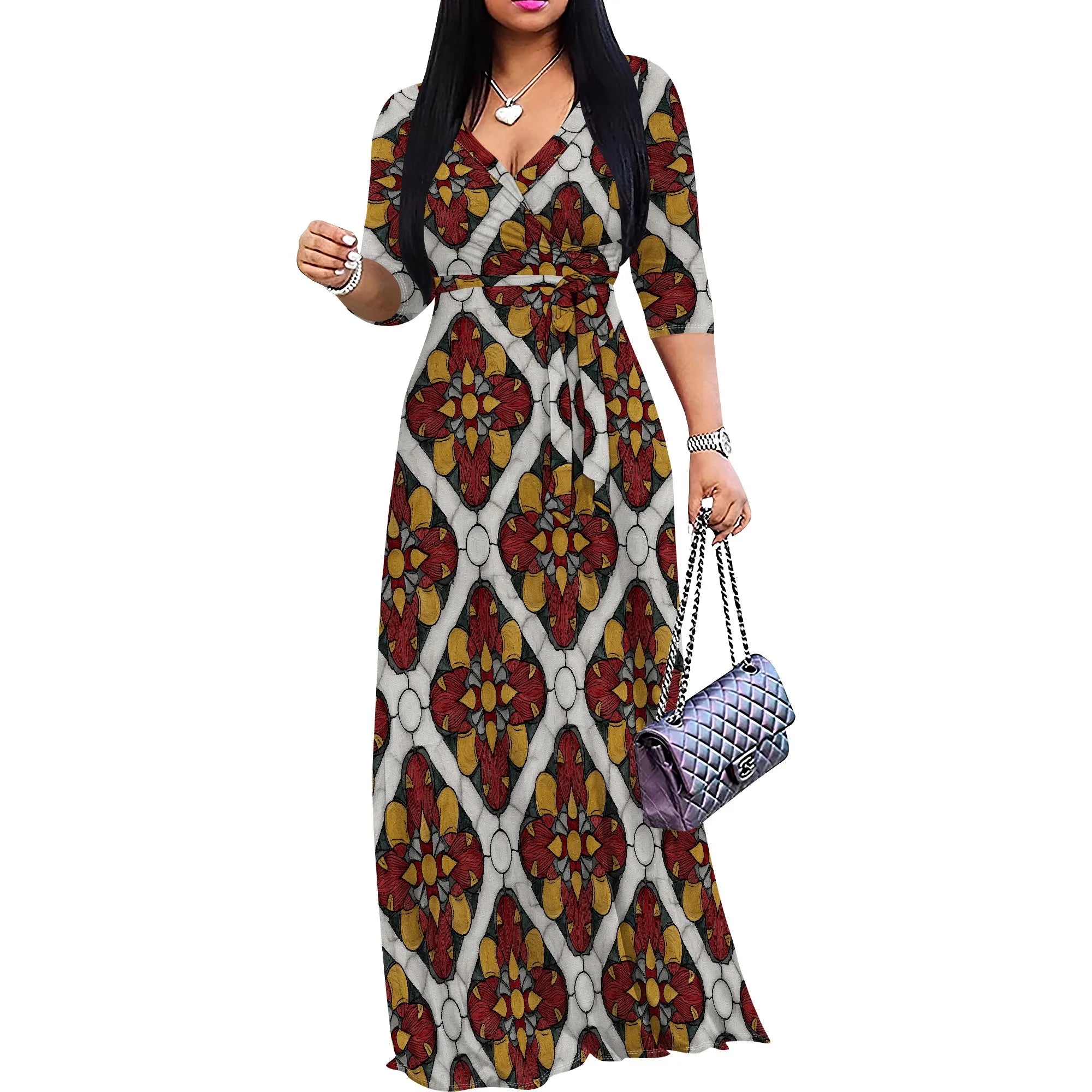 African Kente Print Wrap Maxi Dress V-Neck Belted Long Dress S-3XL for Juneteenth or Church Wear