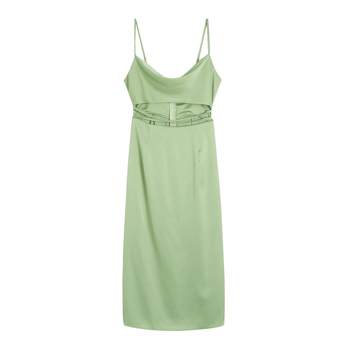 Party Evening Dresses Women Summer Spaghetti Strap Elegant Satin Midi Dress Cowl Neck Sleeveless Waist Cut Out Sexy Slip Dress