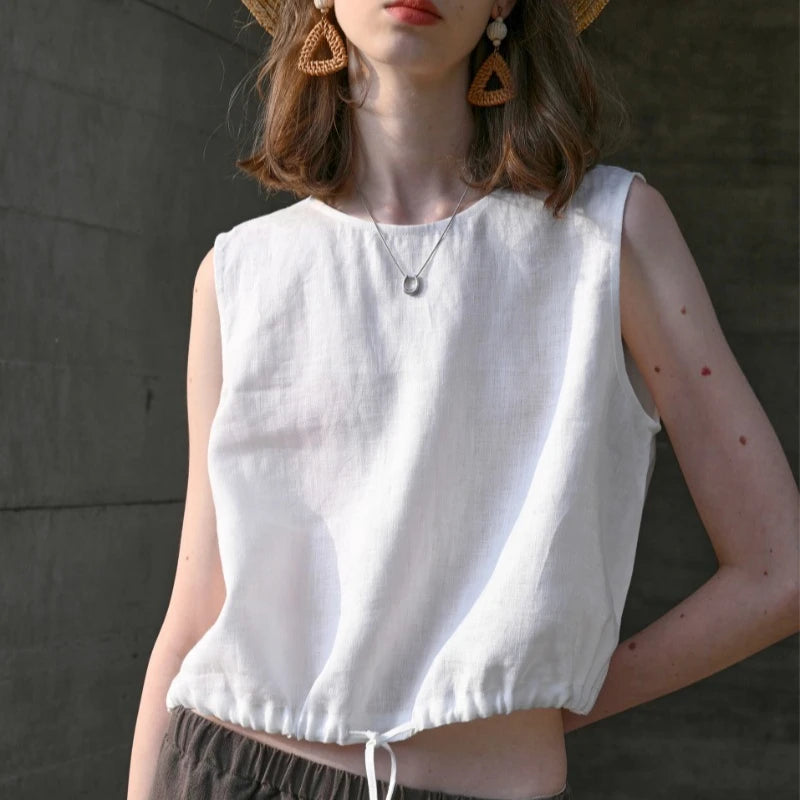 100% Linen Tank Top Women 2025 Summer Breathable Short Tops Sleeveless Casual Loose Cotton Linen Drawstring Crop Tops
