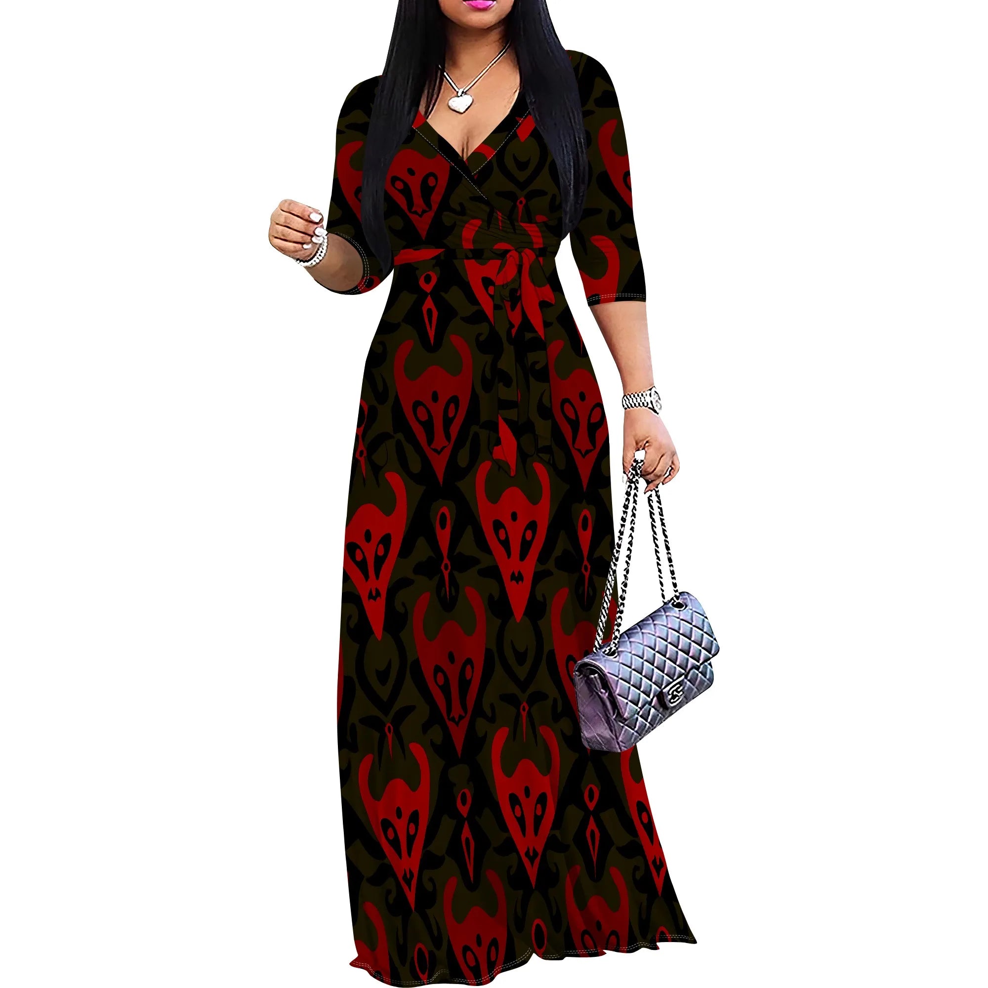 African Kente Print Wrap Maxi Dress V-Neck Belted Long Dress S-3XL for Juneteenth or Church Wear