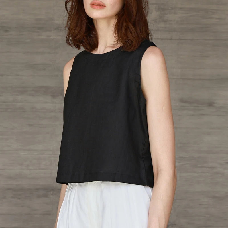 Chic Front And Back Two Wear Women Linen Tank Top 2025 Summer New Casual Short Loose 100% Linen Sleeveless Crop Tops