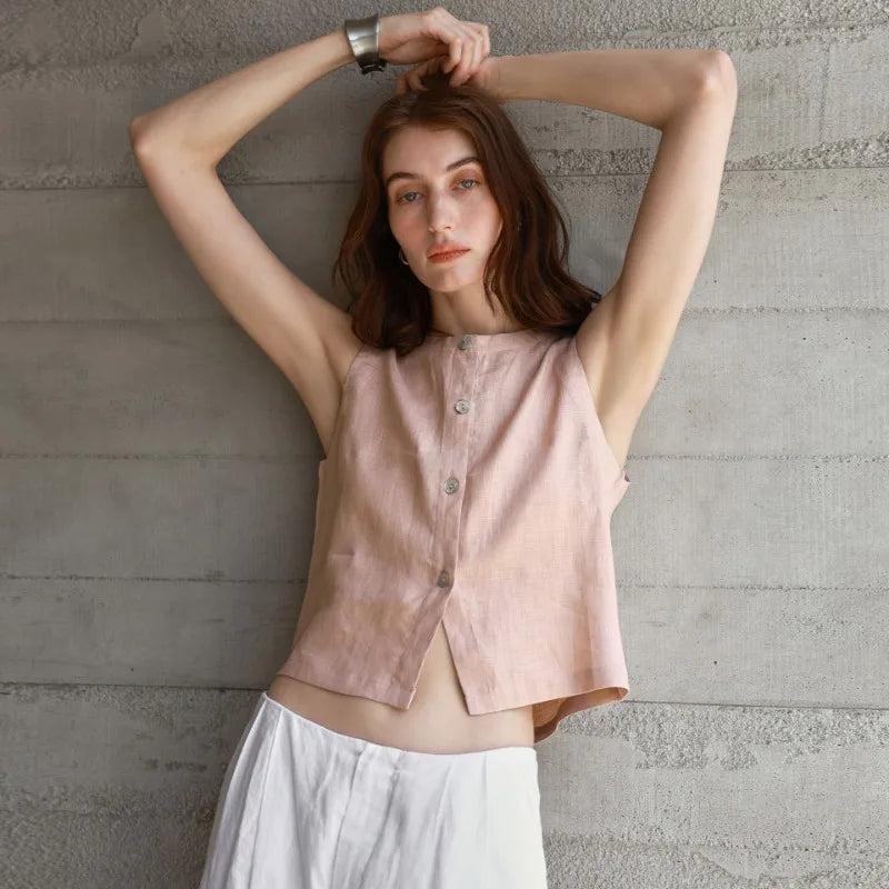 Chic Front And Back Two Wear Women Linen Tank Top 2025 Summer New Casual Short Loose 100% Linen Sleeveless Crop Tops