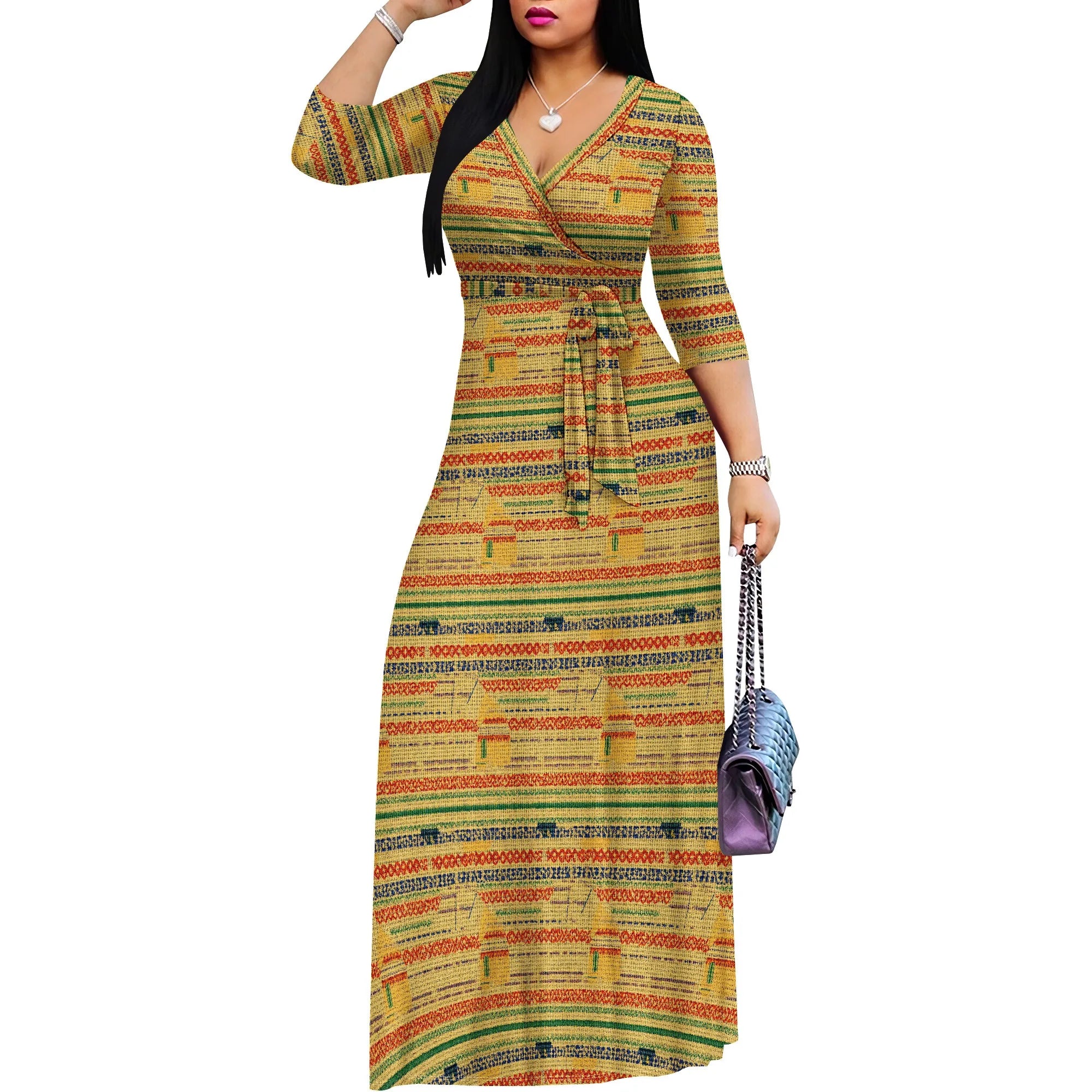 African Kente Print Wrap Maxi Dress V-Neck Belted Long Dress S-3XL for Juneteenth or Church Wear