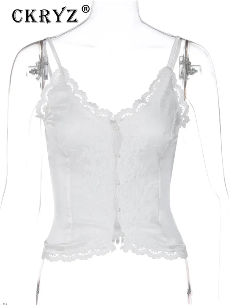 Ladies Summer Lace New Fashion Women Sleeveless Backless See Through Crop Top Vacation Club Streetwear Woman Y2K Tees Outfits