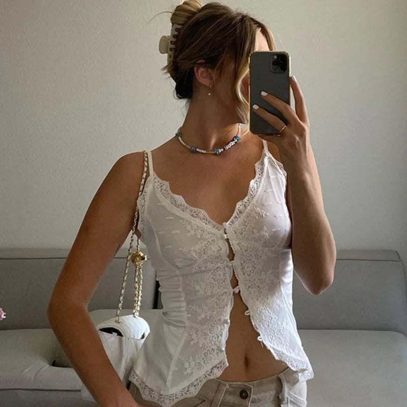 Ladies Summer Lace New Fashion Women Sleeveless Backless See Through Crop Top Vacation Club Streetwear Woman Y2K Tees Outfits