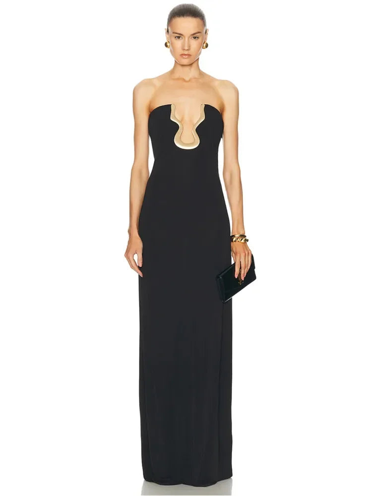 2025 Women Celebrity Sexy Strapless Backless Black Maxi Long Bodycon Bandage Dress Elegant Evening Club Party Outfit
