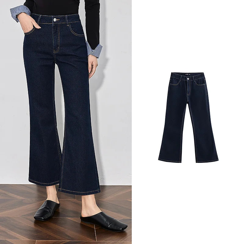 TOYOUTH Women Denim Jeans 2025 Spring New Retro Cotton Casual Versatile Micro Flare Pants