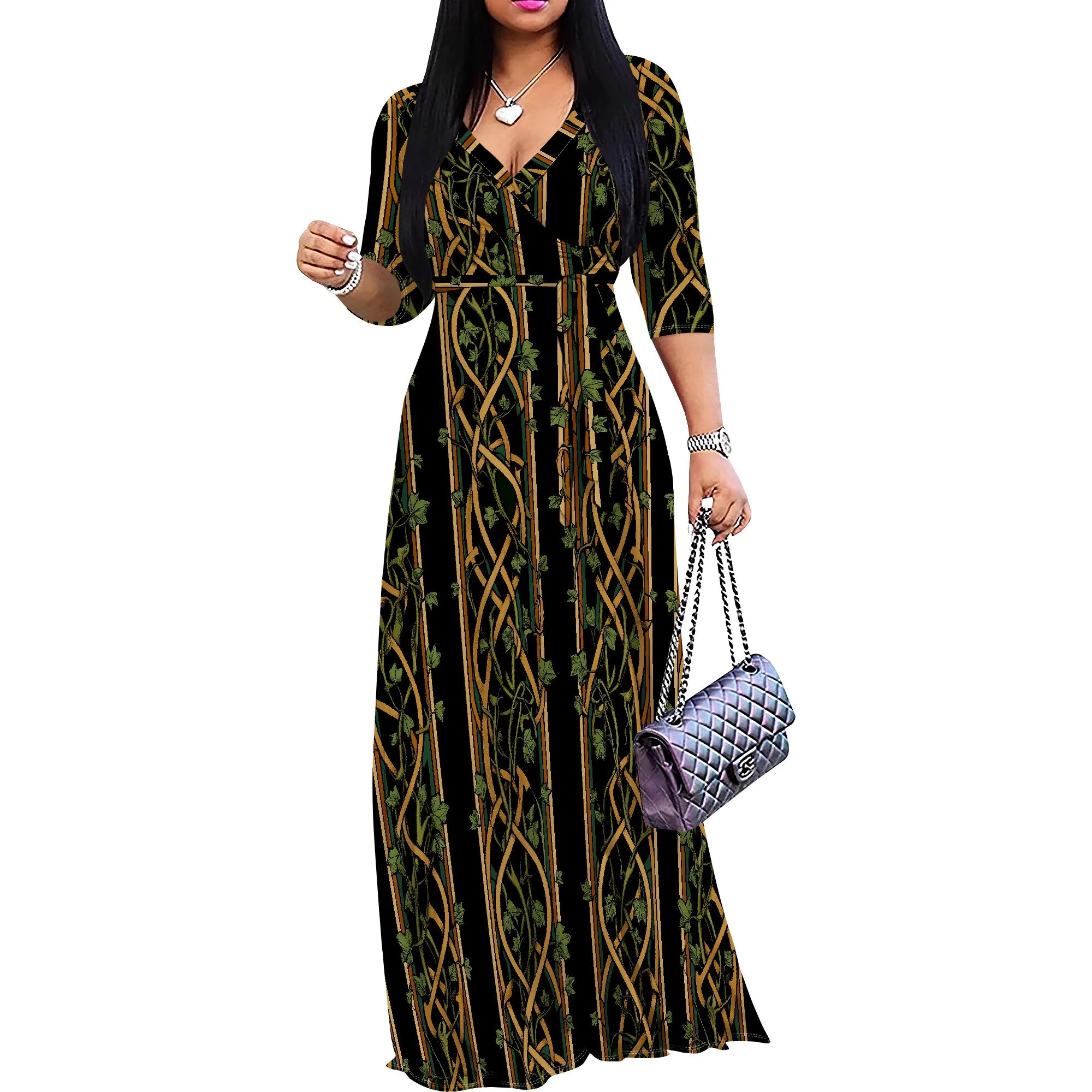 African Kente Print Wrap Maxi Dress V-Neck Belted Long Dress S-3XL for Juneteenth or Church Wear