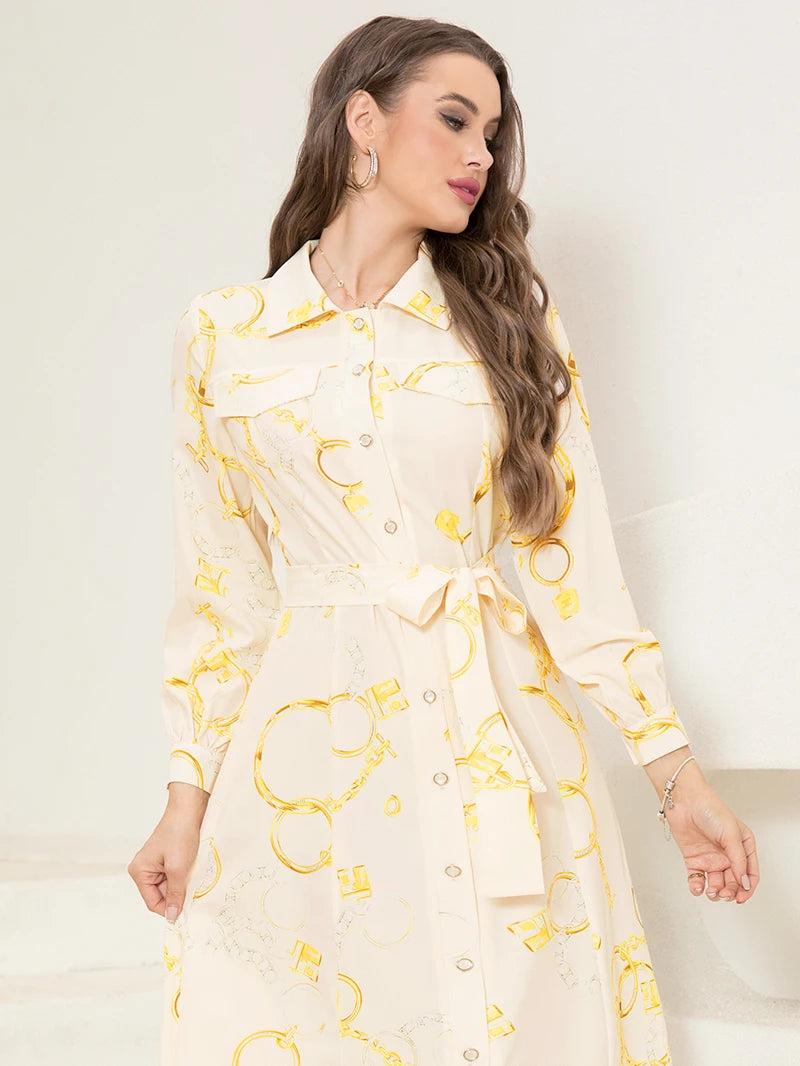 Elegant Long Shirt-Sleeve Dress with Chain Print Design, Belt & Pocket - Sophisticated Collared Neck, Button Details