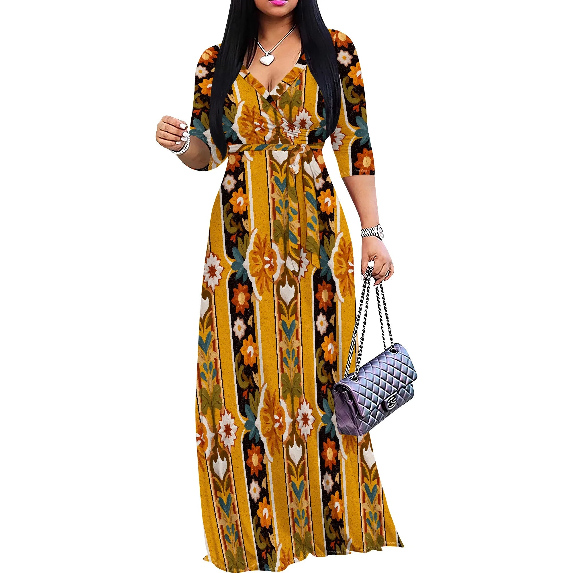 African Kente Print Wrap Maxi Dress V-Neck Belted Long Dress S-3XL for Juneteenth or Church Wear