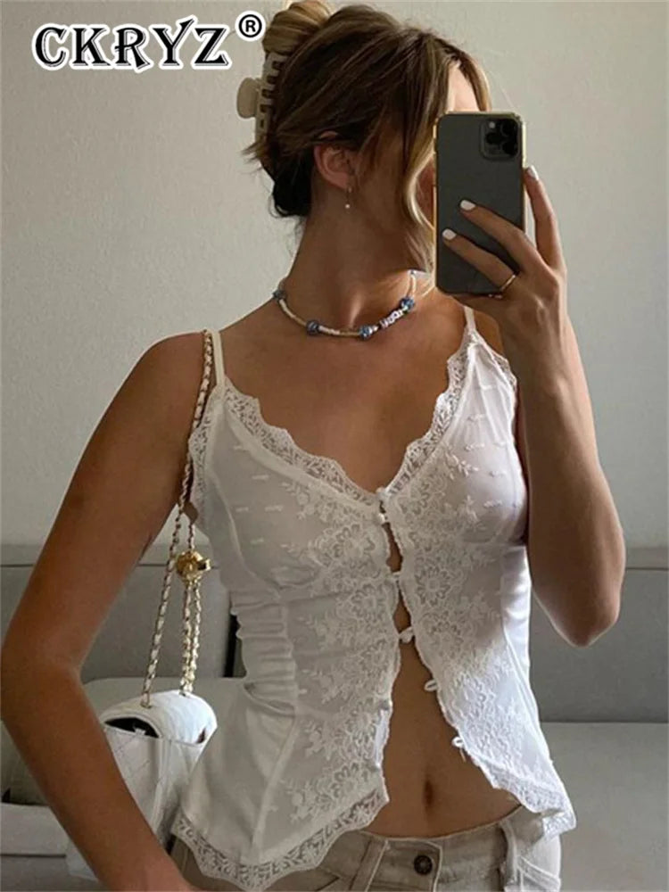Ladies Summer Lace New Fashion Women Sleeveless Backless See Through Crop Top Vacation Club Streetwear Woman Y2K Tees Outfits