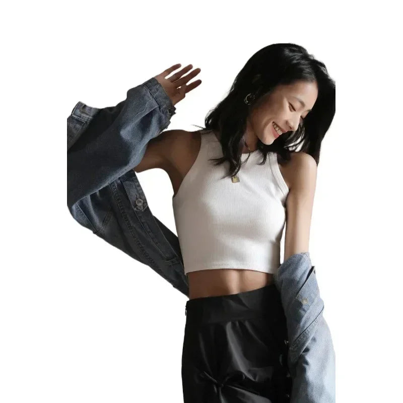 Women's High Stretch Sleeveless Screw Vest Knit Crop Top Women Knit Camisole Women Sweater Vest Cool Girl