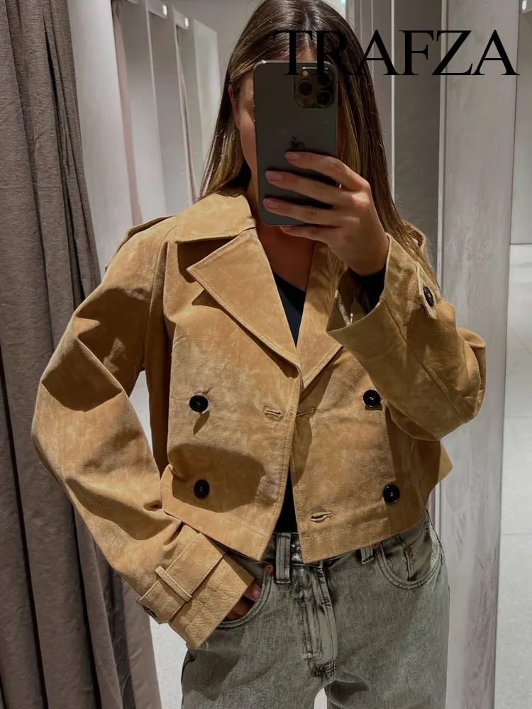 TRAFZA Autumn Woman Elegant Chic Lapel Long Sleeves High Street Coats Women Pocket Double-Breasted Design Casual Short Jacket