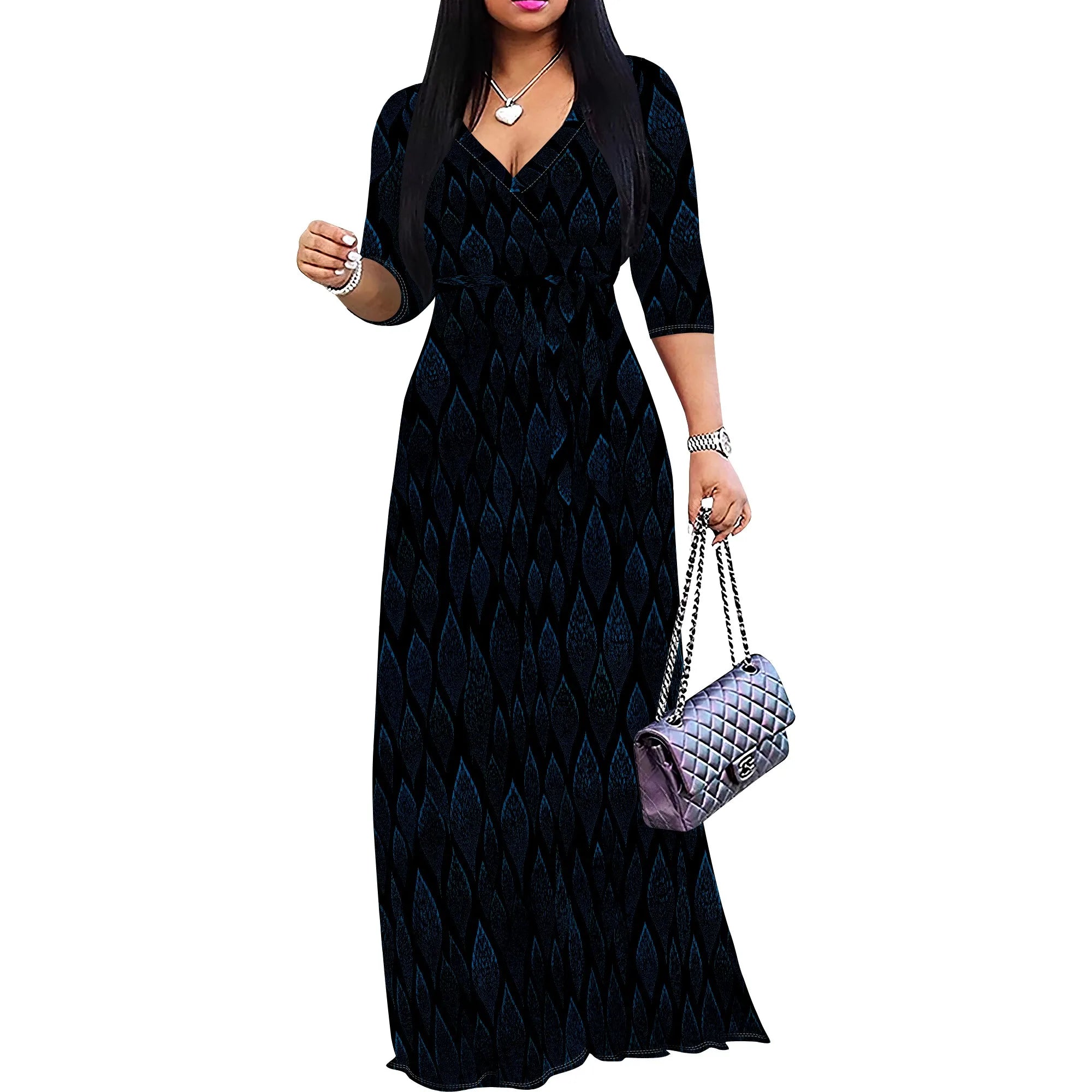African Kente Print Wrap Maxi Dress V-Neck Belted Long Dress S-3XL for Juneteenth or Church Wear