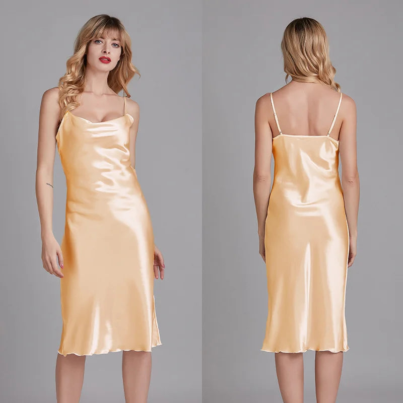 Spring Summer Ice Silk Satin Nightgowns for Women V-neck Elegant Solid Slim Fit Suspender Long Thin Nightdress