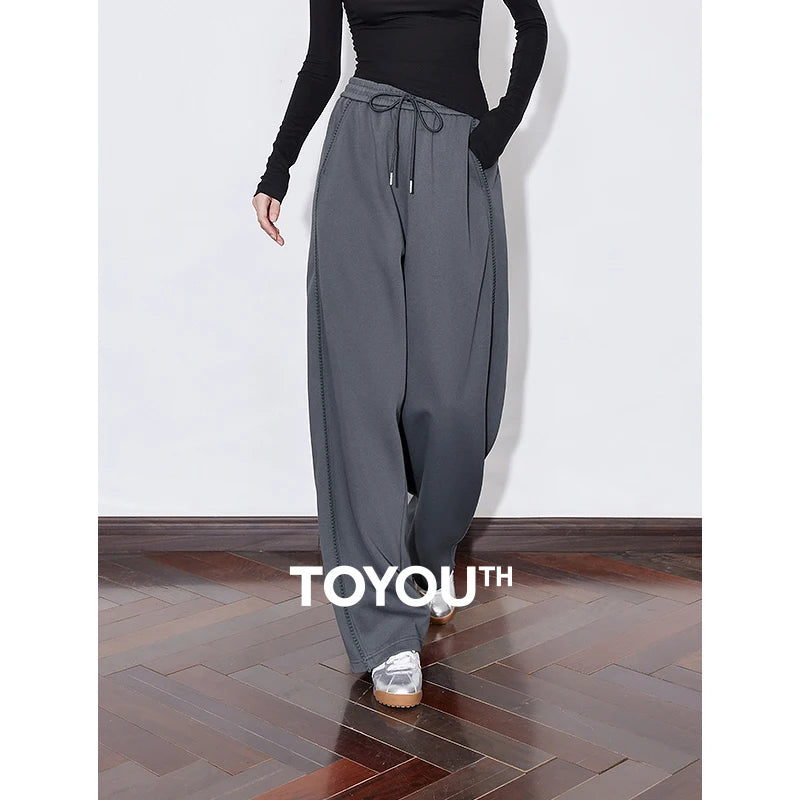TOYOUTH Womens Casual Pants 2025 Spring New Splicing Elastic Waist Drawstring Straight Wide Leg Sports Banana Sweatpants