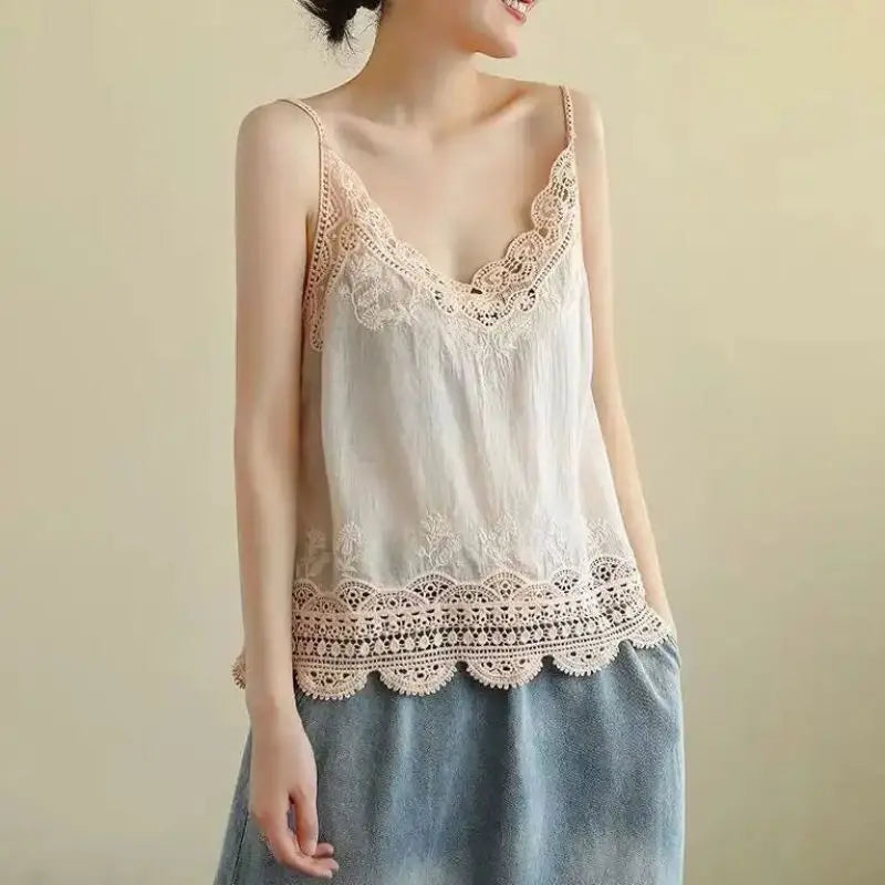 Womens Cotton And Linen Suspender Lace Vest Top