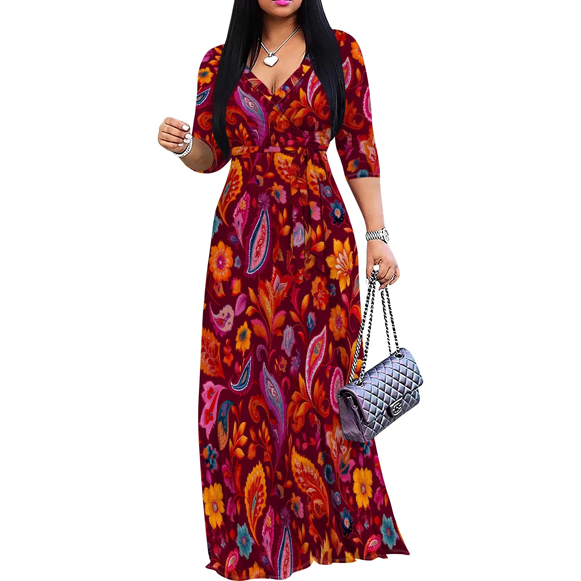 African Kente Print Wrap Maxi Dress V-Neck Belted Long Dress S-3XL for Juneteenth or Church Wear