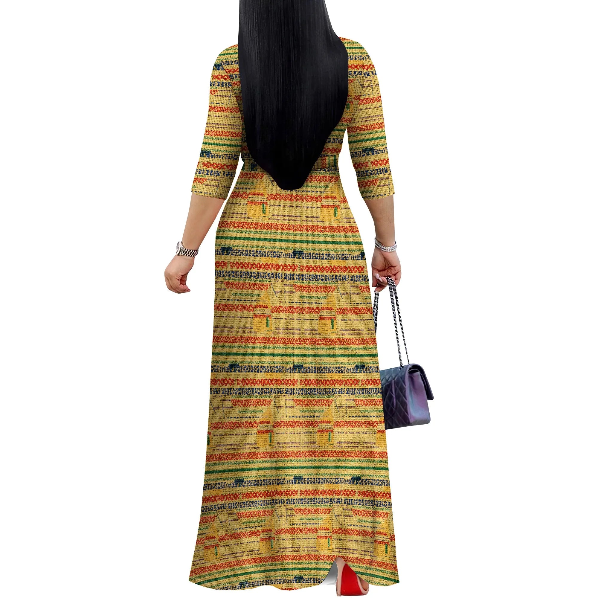 African Kente Print Wrap Maxi Dress V-Neck Belted Long Dress S-3XL for Juneteenth or Church Wear