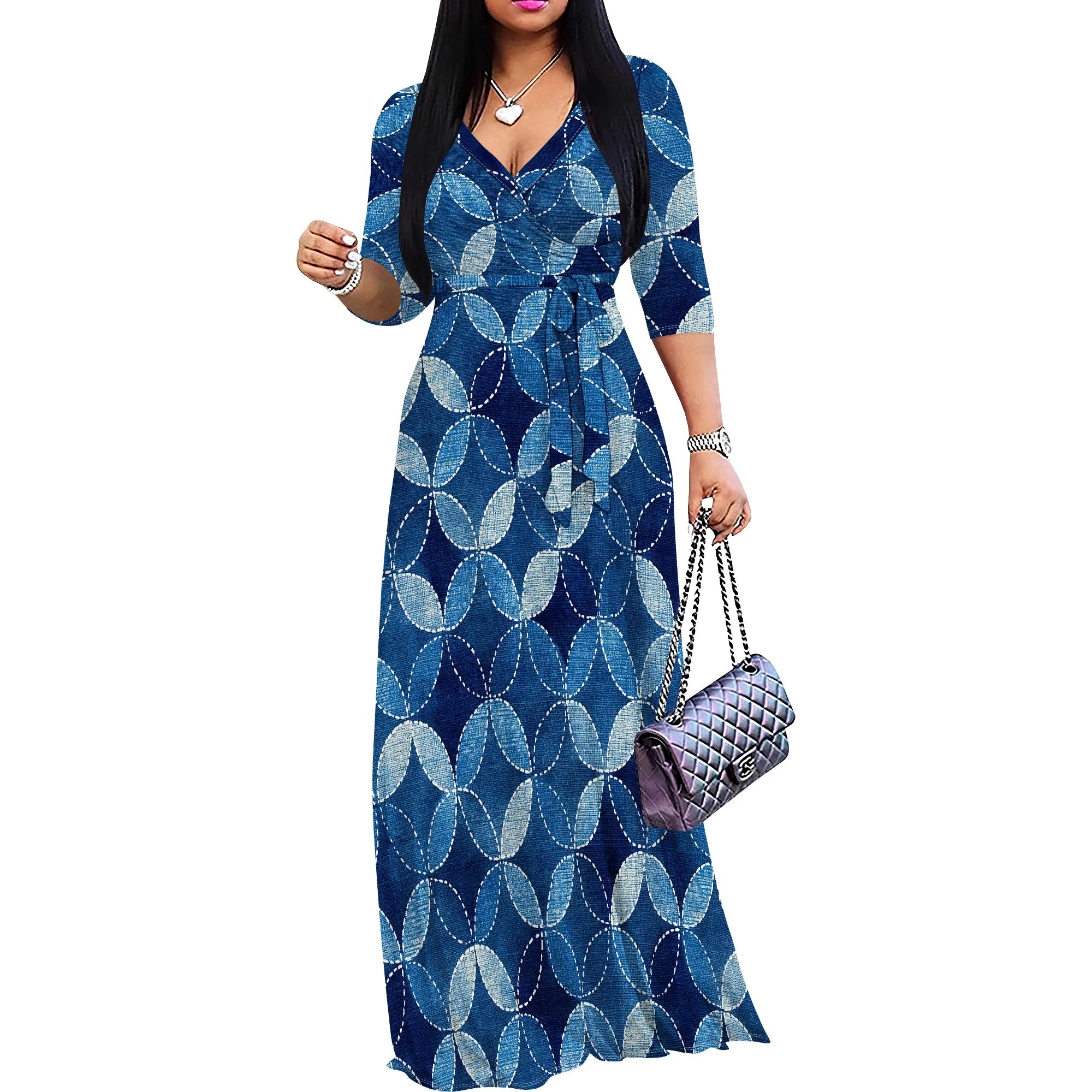 African Kente Print Wrap Maxi Dress V-Neck Belted Long Dress S-3XL for Juneteenth or Church Wear