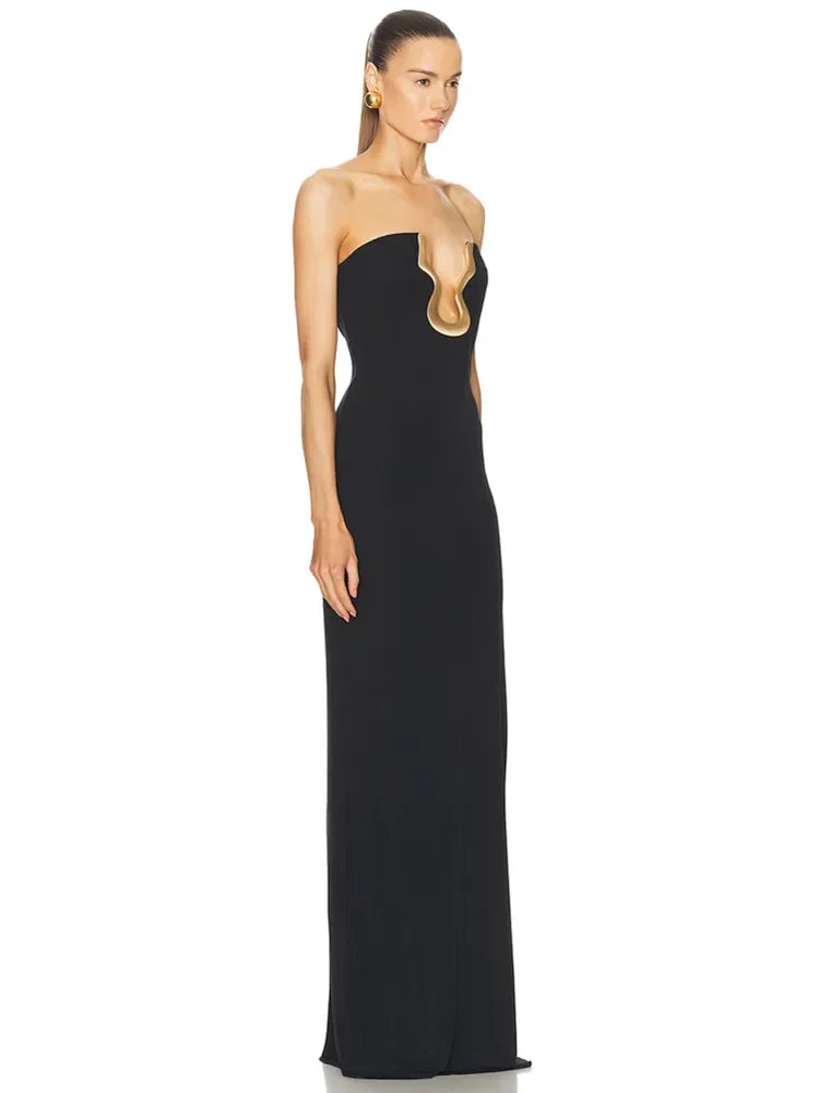 2025 Women Celebrity Sexy Strapless Backless Black Maxi Long Bodycon Bandage Dress Elegant Evening Club Party Outfit