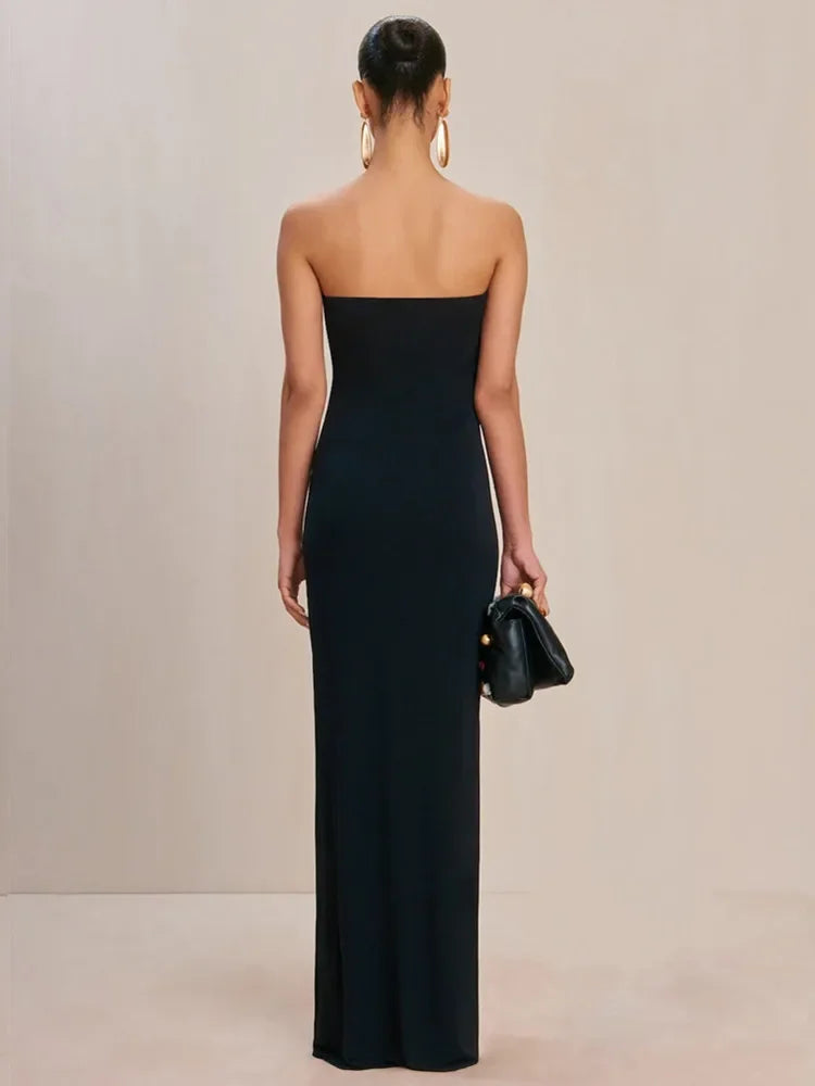 2025 Women Celebrity Sexy Strapless Backless Black Maxi Long Bodycon Bandage Dress Elegant Evening Club Party Outfit