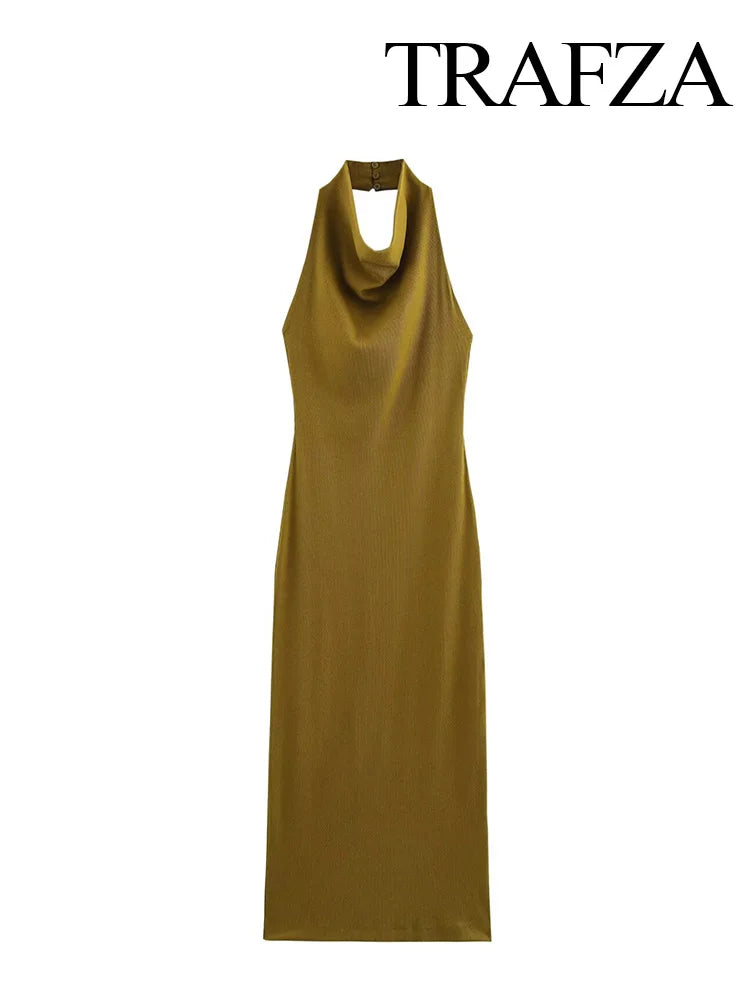 TRAFZA Summer Women's Dress Fashion Backless Sleeveless Hanging Neck Collar Solid Knitted Fashionable Female Midi Dress 2025