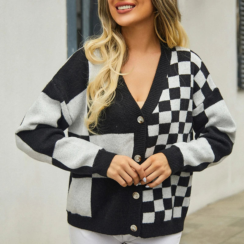 New Chic Autumn Women's Button Winter Cardigan Red V-neck Plaid Casual Knitted Coats Women Comfortable Checkered Pattern Jacket